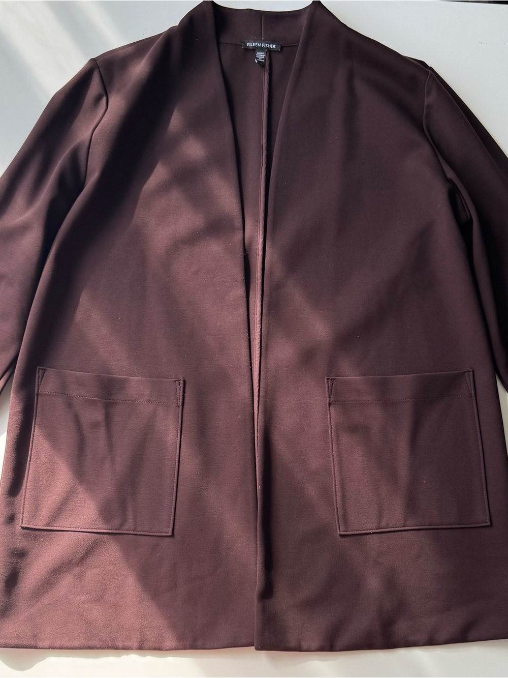 Eileen Fisher Flex Ponte Open Front Cardigan Jacket L Dark Brown Tencel